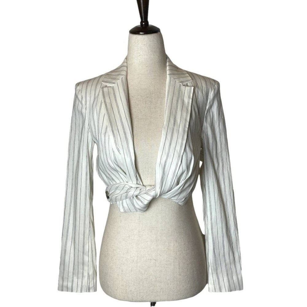 Zara White Pinstripe Knotted Crop Blazer